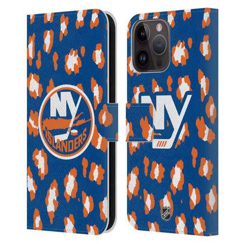 NHL New York Islanders Leopard Patten Leather Book Wallet Case Cover For Apple iPhone 15 Pro Max