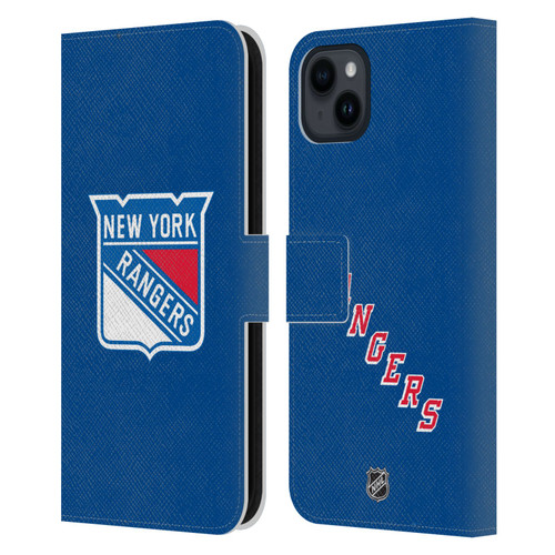 NHL New York Rangers Plain Leather Book Wallet Case Cover For Apple iPhone 15 Plus