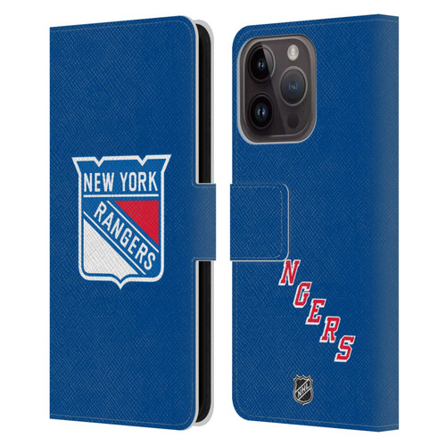 NHL New York Rangers Plain Leather Book Wallet Case Cover For Apple iPhone 15 Pro