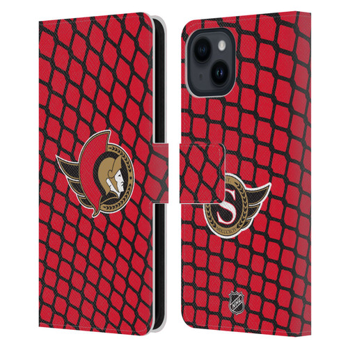 NHL Ottawa Senators Net Pattern Leather Book Wallet Case Cover For Apple iPhone 15