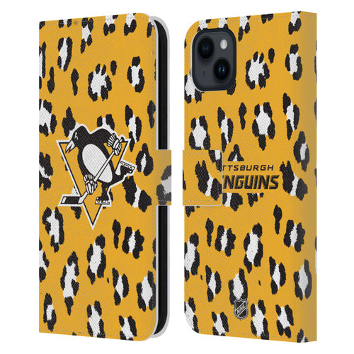 NHL Pittsburgh Penguins Leopard Patten Leather Book Wallet Case Cover For Apple iPhone 15 Plus