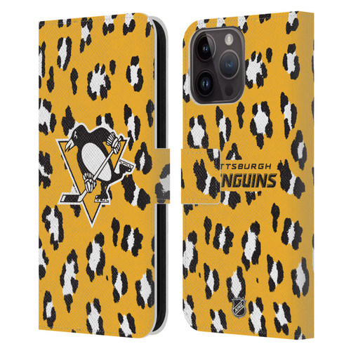 NHL Pittsburgh Penguins Leopard Patten Leather Book Wallet Case Cover For Apple iPhone 15 Pro Max