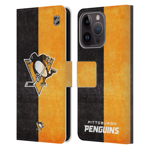 NHL Pittsburgh Penguins Half Distressed Leather Book Wallet Case Cover For Apple iPhone 15 Pro