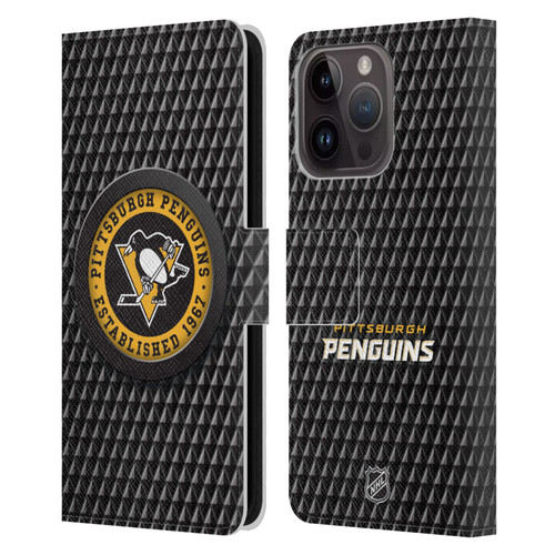 NHL Pittsburgh Penguins Puck Texture Leather Book Wallet Case Cover For Apple iPhone 15 Pro