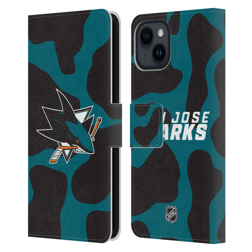 NHL San Jose Sharks Cow Pattern Leather Book Wallet Case Cover For Apple iPhone 15