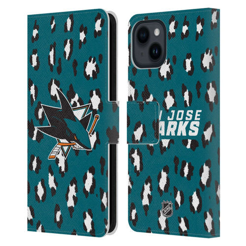 NHL San Jose Sharks Leopard Patten Leather Book Wallet Case Cover For Apple iPhone 15