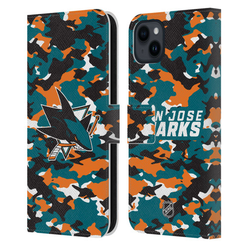 NHL San Jose Sharks Camouflage Leather Book Wallet Case Cover For Apple iPhone 15 Plus