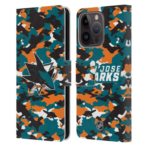NHL San Jose Sharks Camouflage Leather Book Wallet Case Cover For Apple iPhone 15 Pro