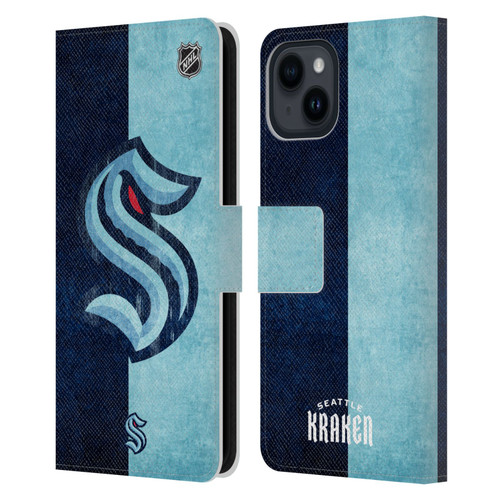 NHL Seattle Kraken Half Distressed Leather Book Wallet Case Cover For Apple iPhone 15