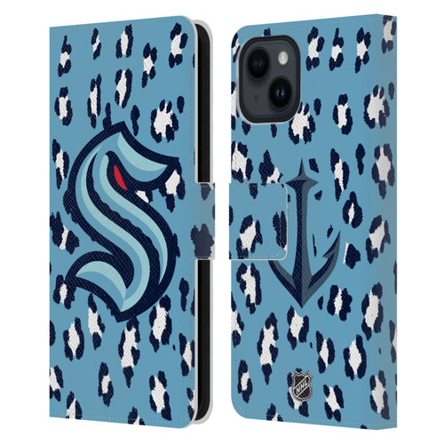 NHL Seattle Kraken Leopard Patten Leather Book Wallet Case Cover For Apple iPhone 15