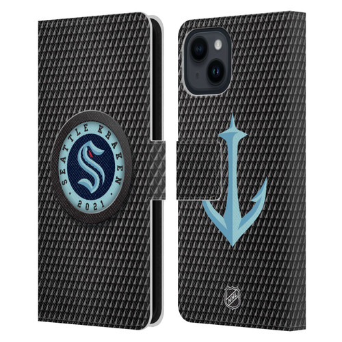 NHL Seattle Kraken Puck Texture Leather Book Wallet Case Cover For Apple iPhone 15