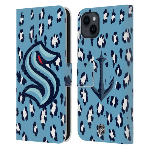 NHL Seattle Kraken Leopard Patten Leather Book Wallet Case Cover For Apple iPhone 15 Plus