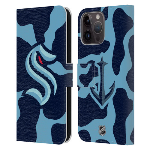 NHL Seattle Kraken Cow Pattern Leather Book Wallet Case Cover For Apple iPhone 15 Pro Max