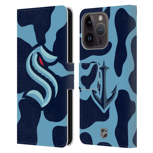 NHL Seattle Kraken Cow Pattern Leather Book Wallet Case Cover For Apple iPhone 15 Pro