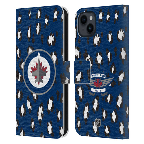 NHL Winnipeg Jets Leopard Patten Leather Book Wallet Case Cover For Apple iPhone 15 Plus