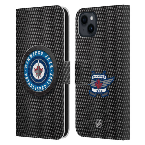 NHL Winnipeg Jets Puck Texture Leather Book Wallet Case Cover For Apple iPhone 15 Plus