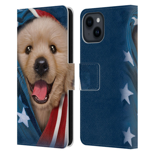 Vincent Hie Canidae Patriotic Golden Retriever Leather Book Wallet Case Cover For Apple iPhone 15