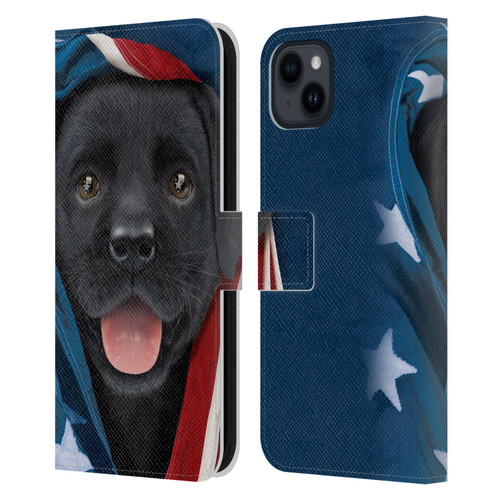 Vincent Hie Canidae Patriotic Black Lab Leather Book Wallet Case Cover For Apple iPhone 15 Plus