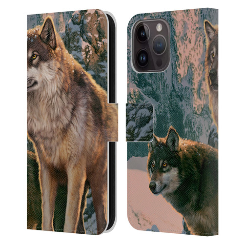 Vincent Hie Canidae Wolf Couple Leather Book Wallet Case Cover For Apple iPhone 15 Pro Max