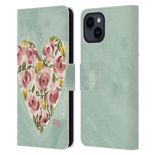 Haley Bush Floral Painting Valentine Heart Leather Book Wallet Case Cover For Apple iPhone 15