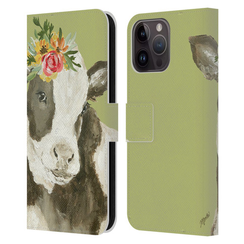 Haley Bush Floral Painting Holstein Cow Leather Book Wallet Case Cover For Apple iPhone 15 Pro Max