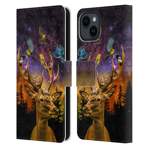 Dave Loblaw Animals Deer and Birds Leather Book Wallet Case Cover For Apple iPhone 15