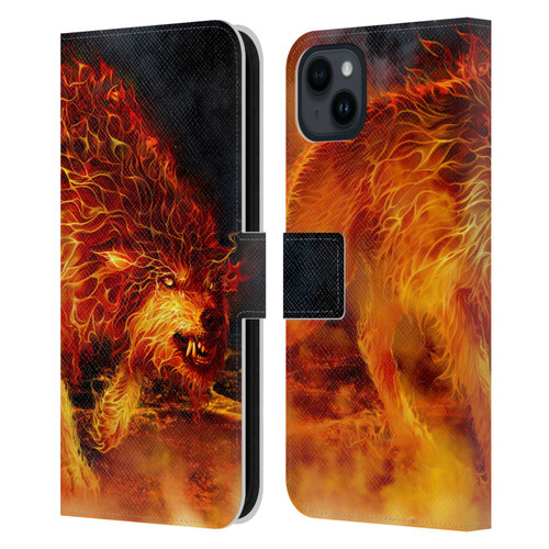 Tom Wood Fire Creatures Wolf Stalker Leather Book Wallet Case Cover For Apple iPhone 15 Plus