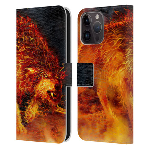 Tom Wood Fire Creatures Wolf Stalker Leather Book Wallet Case Cover For Apple iPhone 15 Pro Max