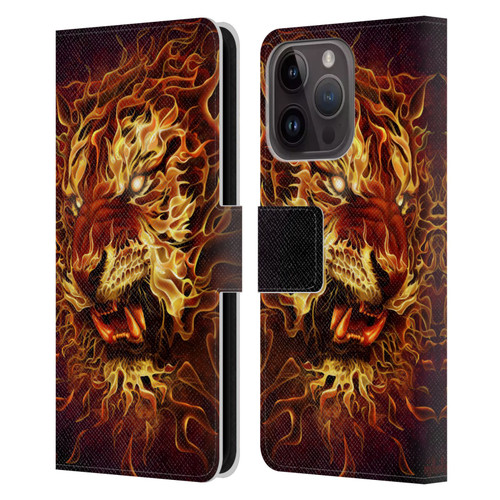 Tom Wood Fire Creatures Tiger Leather Book Wallet Case Cover For Apple iPhone 15 Pro