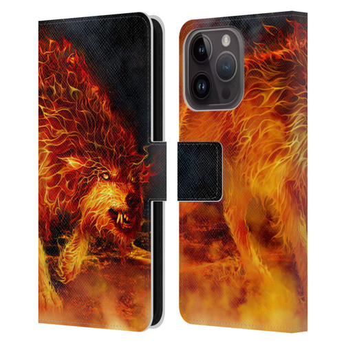Tom Wood Fire Creatures Wolf Stalker Leather Book Wallet Case Cover For Apple iPhone 15 Pro