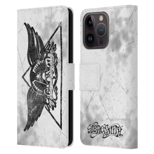 Aerosmith Black And White Triangle Winged Logo Leather Book Wallet Case Cover For Apple iPhone 15 Pro