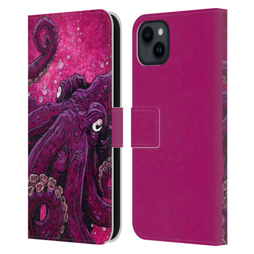 David Lozeau Colourful Grunge Octopus Squid Leather Book Wallet Case Cover For Apple iPhone 15 Plus