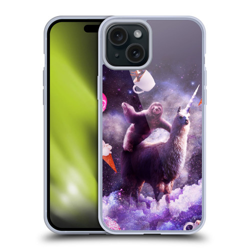 Random Galaxy Mixed Designs Sloth Riding Unicorn Soft Gel Case for Apple iPhone 15 Plus