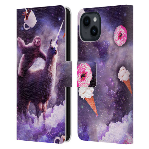 Random Galaxy Mixed Designs Sloth Riding Unicorn Leather Book Wallet Case Cover For Apple iPhone 15