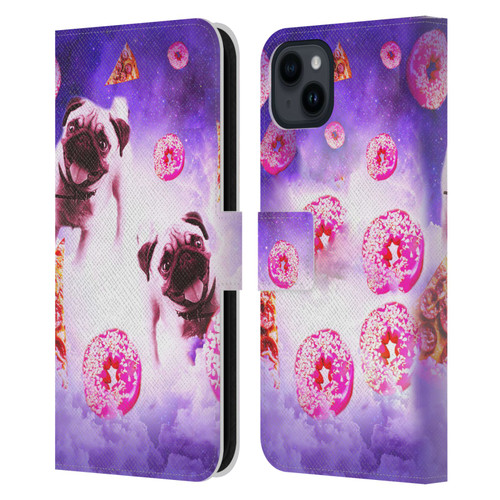 Random Galaxy Mixed Designs Pugs Pizza & Donut Leather Book Wallet Case Cover For Apple iPhone 15 Plus