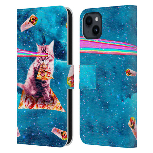 Random Galaxy Space Cat Lazer Eye & Pizza Leather Book Wallet Case Cover For Apple iPhone 15 Plus