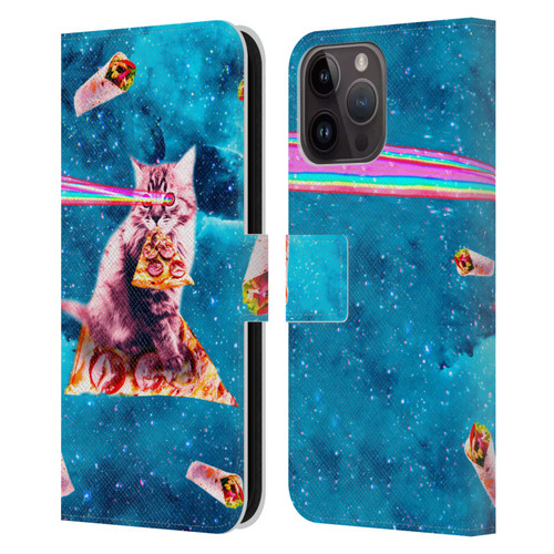 Random Galaxy Space Cat Lazer Eye & Pizza Leather Book Wallet Case Cover For Apple iPhone 15 Pro Max