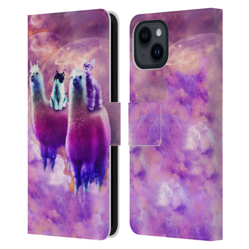 Random Galaxy Space Llama Kitty & Cat Leather Book Wallet Case Cover For Apple iPhone 15