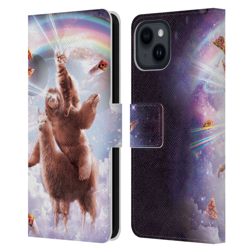 Random Galaxy Space Llama Sloth & Cat Lazer Eyes Leather Book Wallet Case Cover For Apple iPhone 15