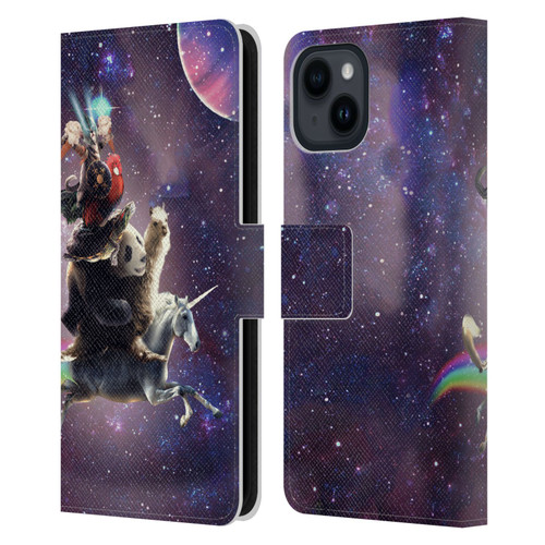 Random Galaxy Space Llama Unicorn Space Ride Leather Book Wallet Case Cover For Apple iPhone 15