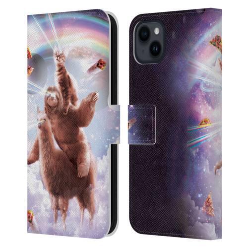 Random Galaxy Space Llama Sloth & Cat Lazer Eyes Leather Book Wallet Case Cover For Apple iPhone 15 Plus