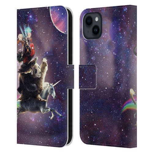 Random Galaxy Space Llama Unicorn Space Ride Leather Book Wallet Case Cover For Apple iPhone 15 Plus