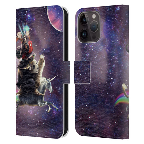 Random Galaxy Space Llama Unicorn Space Ride Leather Book Wallet Case Cover For Apple iPhone 15 Pro Max