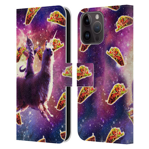Random Galaxy Space Llama Warrior Cat & Tacos Leather Book Wallet Case Cover For Apple iPhone 15 Pro Max