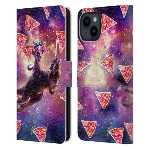 Random Galaxy Space Pizza Ride Thug Cat & Dinosaur Unicorn Leather Book Wallet Case Cover For Apple iPhone 15