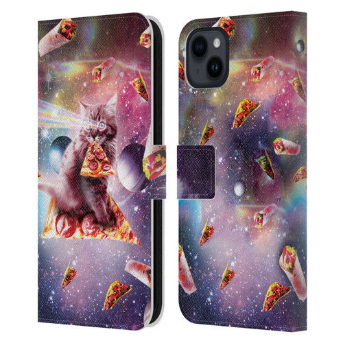 Random Galaxy Space Pizza Ride Outer Space Lazer Cat Leather Book Wallet Case Cover For Apple iPhone 15 Plus