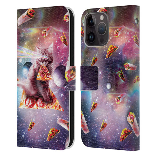 Random Galaxy Space Pizza Ride Outer Space Lazer Cat Leather Book Wallet Case Cover For Apple iPhone 15 Pro Max
