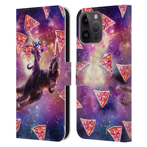 Random Galaxy Space Pizza Ride Thug Cat & Dinosaur Unicorn Leather Book Wallet Case Cover For Apple iPhone 15 Pro Max