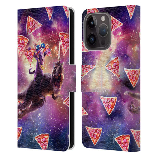 Random Galaxy Space Pizza Ride Thug Cat & Dinosaur Unicorn Leather Book Wallet Case Cover For Apple iPhone 15 Pro