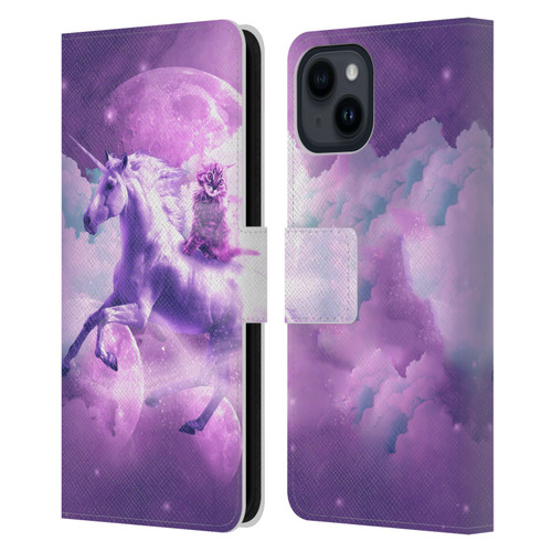 Random Galaxy Space Unicorn Ride Purple Galaxy Cat Leather Book Wallet Case Cover For Apple iPhone 15